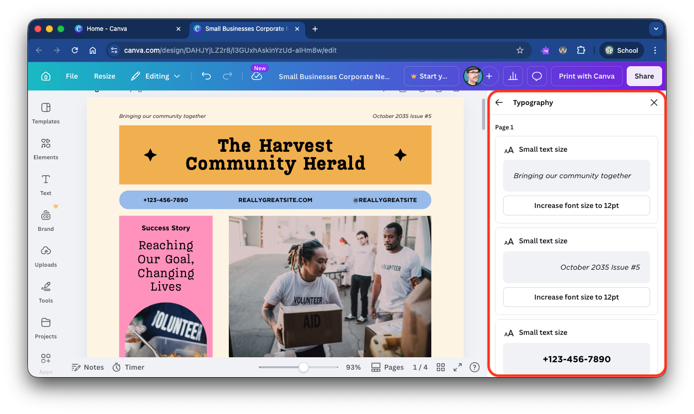 Canva's typography pane showing lines of text smaller than 12 point and suggesting a font size increase. The pane is highlighted with a red box.